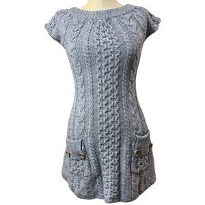 Free People XS Gray Cable Knit Sweater Dress Ribbon Tie Pockets Cottage Coquette